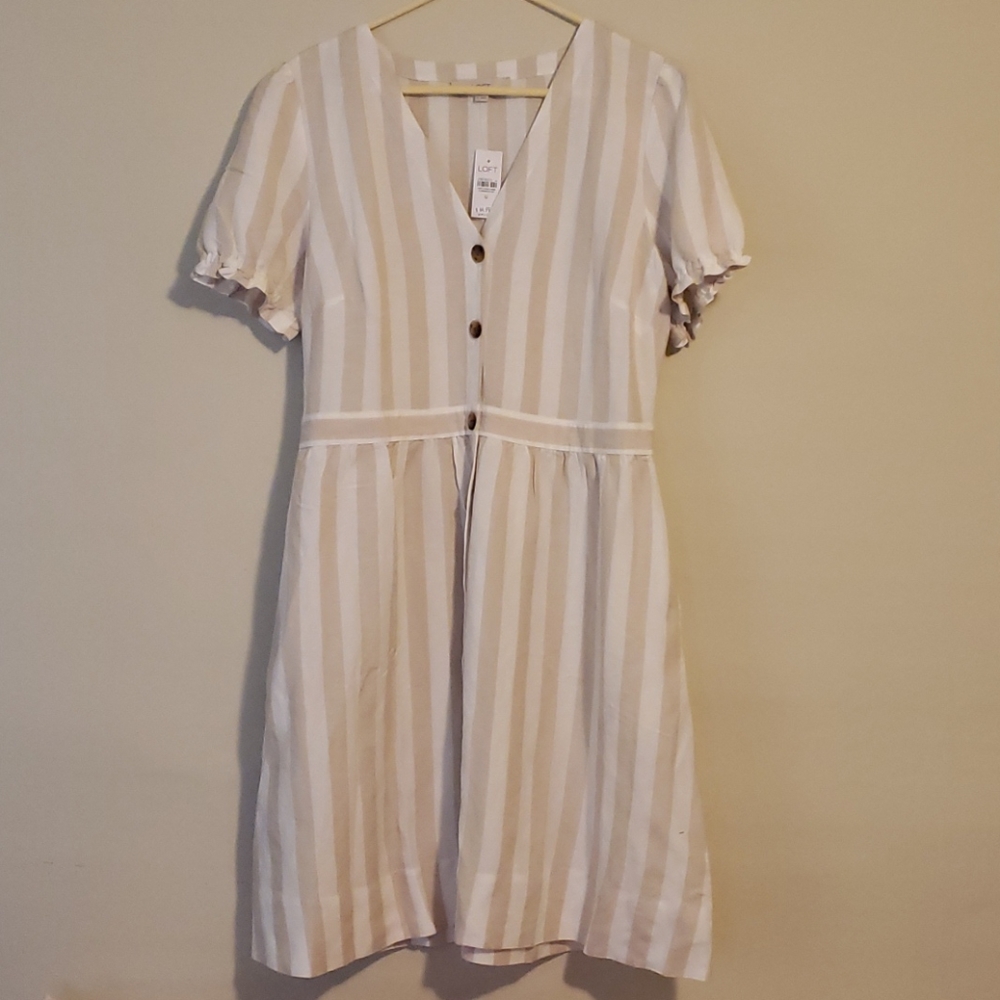 LOFT Cream and Tan Striped Midi Dress